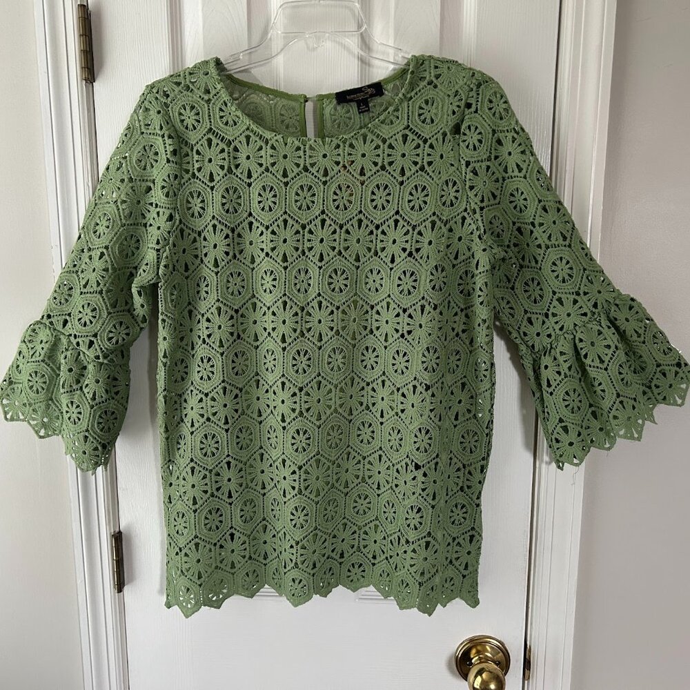 NWT Susan Betro 2 Piece Tunic Blouse Green Eyelet Sz Large Lace Top w/ Camisole